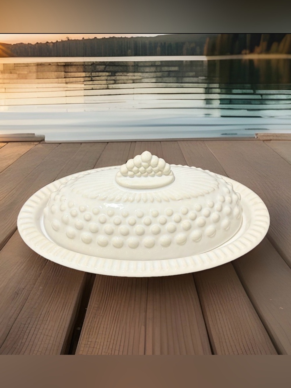 Vtg White Ceramic Hobnail Butter Dish with Lid Oval Farmhouse Serving Tray